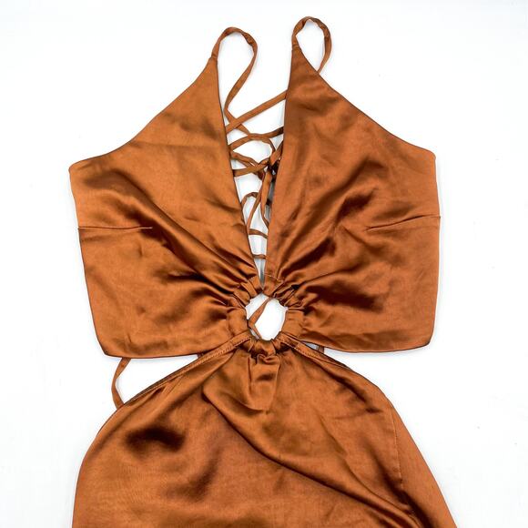 LPA Aniston Dress Hazelnut Satin Brown Maxi Ruched Ring Side Slit Sz S - Picture 5 of 12